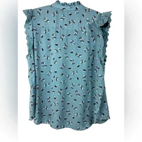 Ann Taylor Women’s XL Sleeveless Ruffle Lace Trim Feminine Blue Floral Blouse - Picture 4 of 7